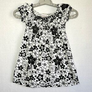 Flapdoodles Floral Dress Girls 6 Black White Flowers Short Sleeve Cotton